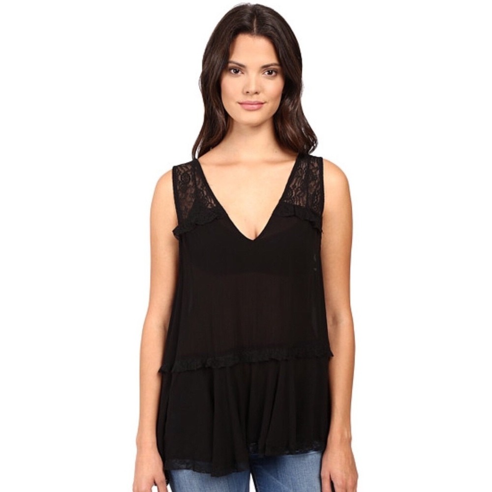 Intimately Free People Black Lace Trapeze Tiered Babydoll‎ Tank Top V-Neck Small